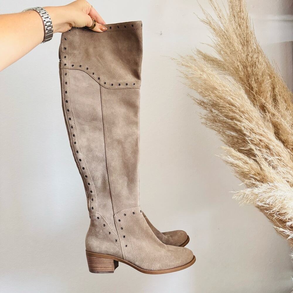 VINCE CAMUTO Tan Beige Suede Leather OTK Over Knee $265 Stud Zipper Heel Boots 7